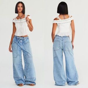 Flamingals belted drawstring baggy wide leg elastic waist jeans xl 10 12